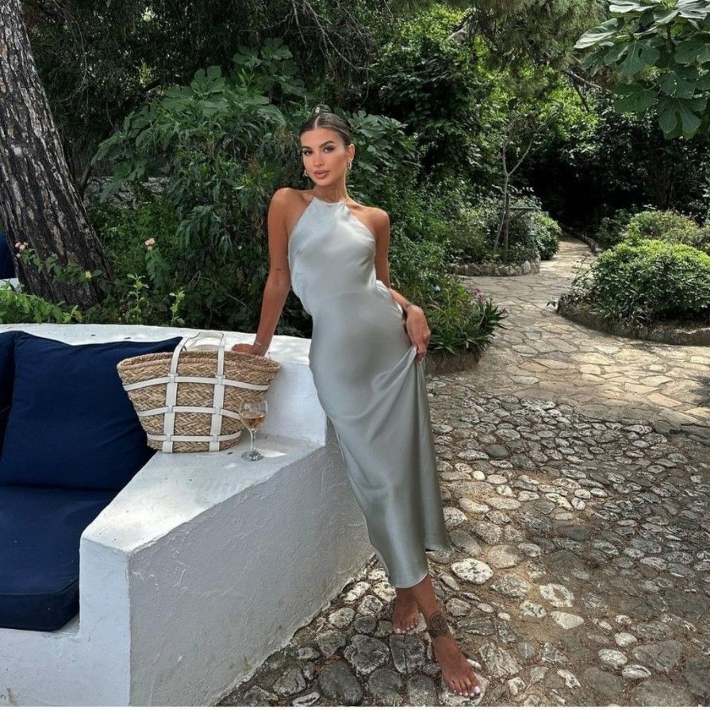 Zara Grey Green SATIN SLIP DRESS Sz M